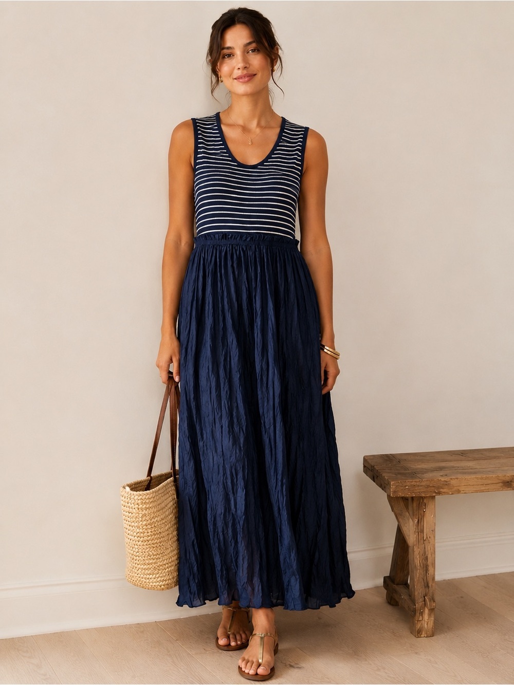 J.Crew Striped Mixed Media Maxi Dress Navy White Sleeveless XL NWT